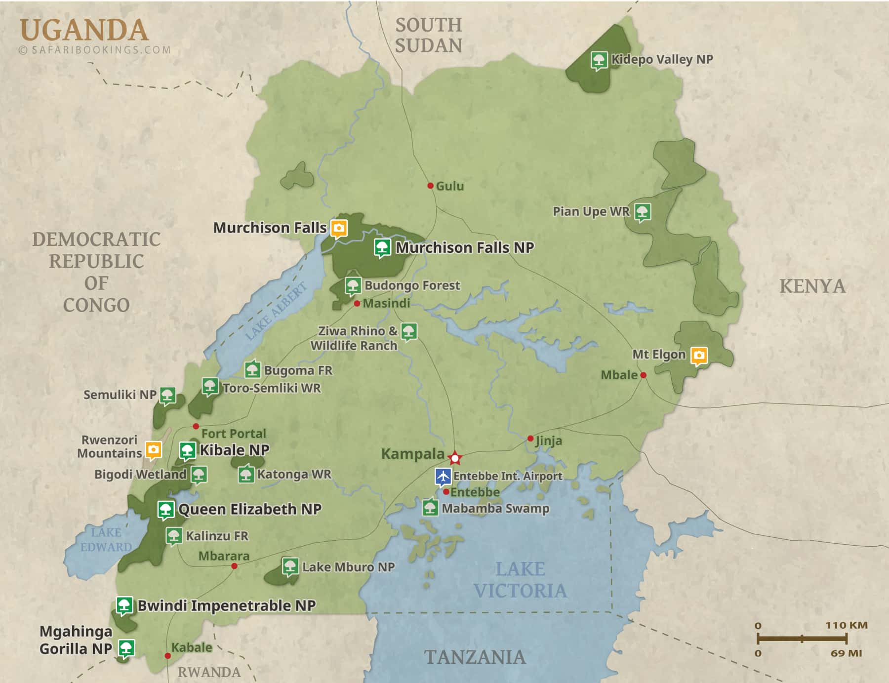 map-of-uganda Map of Uganda showing major parks and landmarks with green park icons and surrounding countries (Kenya, Tanzania, DRC) and Lake Victoria to the south-east.